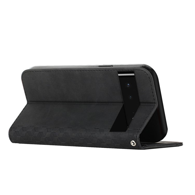 Skin-touch Rhombus Pattern Wallet Stand Design Anti-scratch Strong Magnetic Auto-absorbed Closure Leather Phone Case for Google Pixel 6 - Black