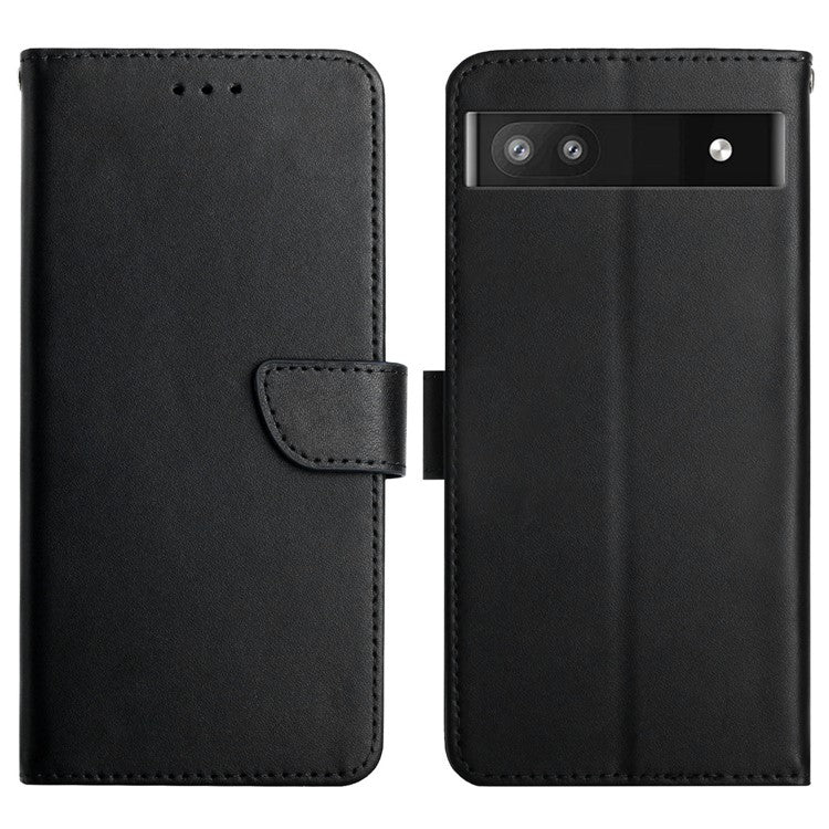 Genuine Leather Phone Case Shockproof Magnetic Closure Nappa Texture Folio Stand Wallet Cover for Google Pixel 6a - Black