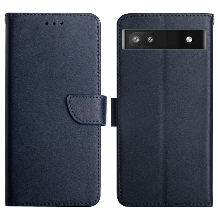 Genuine Leather Phone Case Shockproof Magnetic Closure Nappa Texture Folio Stand Wallet Cover for Google Pixel 6a - Blue