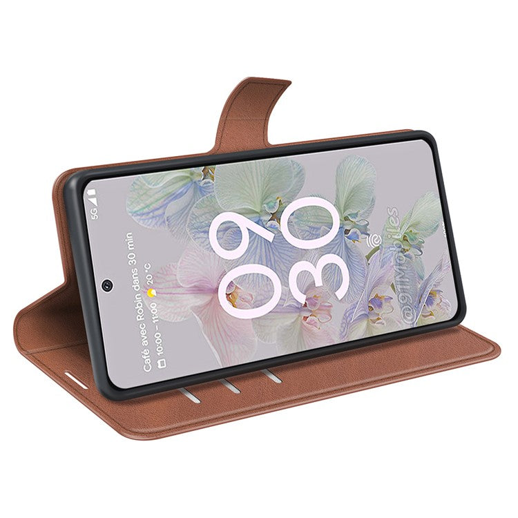 Magnetic Clasp Folio Flip PU Leather + TPU Phone Case Foldable Stand Shockproof Protective Cover for Google Pixel 6a - Light Brown