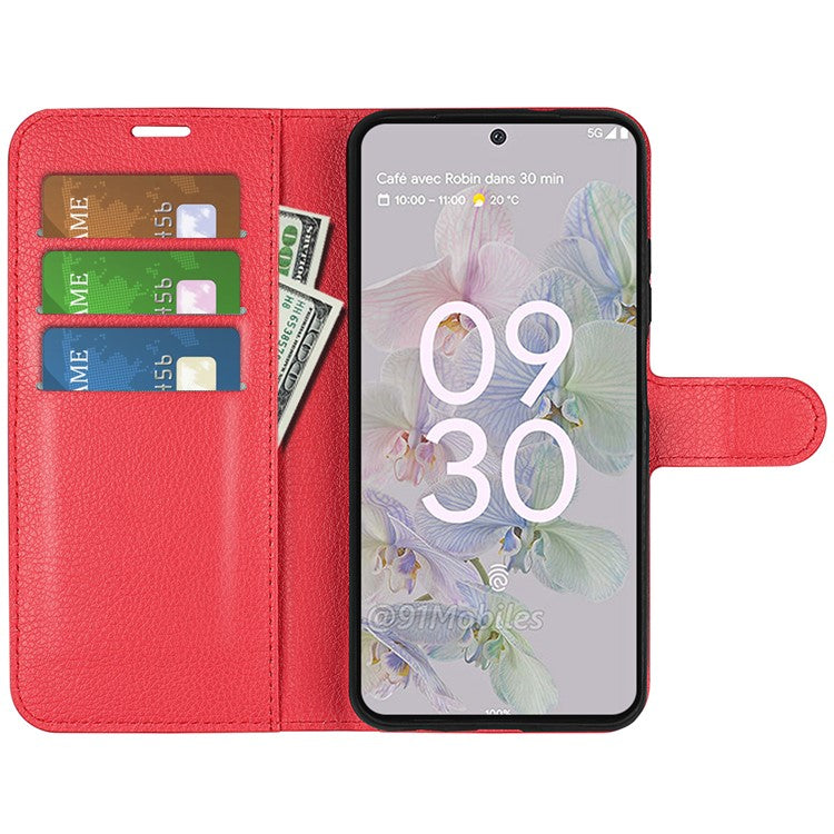 Fully Wrapped PU Leather Coated TPU Mobile Phone Case Litchi Texture Stand Wallet Flip Protective Phone Cover for Google Pixel 6a - Red