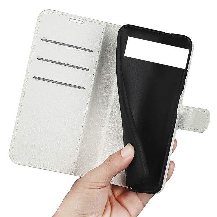 Fully Wrapped PU Leather Coated TPU Mobile Phone Case Litchi Texture Stand Wallet Flip Protective Phone Cover for Google Pixel 6a - White