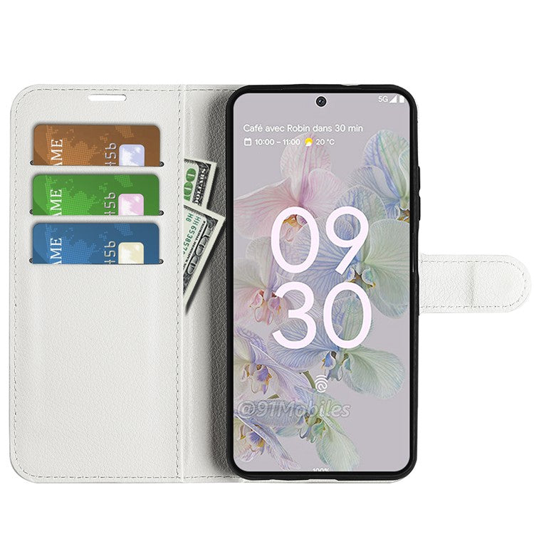 Fully Wrapped PU Leather Coated TPU Mobile Phone Case Litchi Texture Stand Wallet Flip Protective Phone Cover for Google Pixel 6a - White