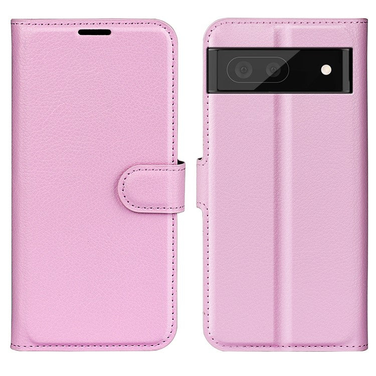 Fully Wrapped PU Leather Coated TPU Mobile Phone Case Litchi Texture Stand Wallet Flip Protective Phone Cover for Google Pixel 6a - Pink