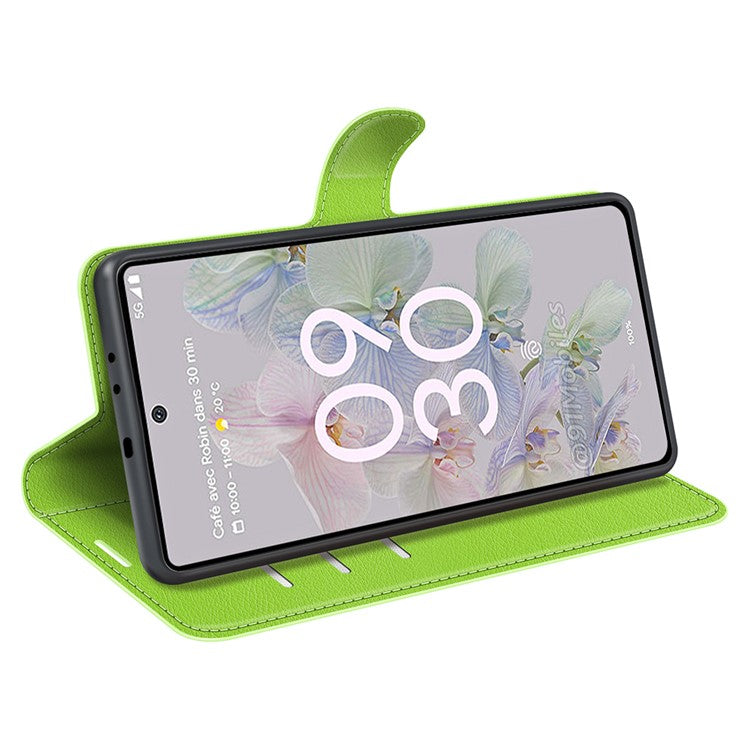 Fully Wrapped PU Leather Coated TPU Mobile Phone Case Litchi Texture Stand Wallet Flip Protective Phone Cover for Google Pixel 6a - Green