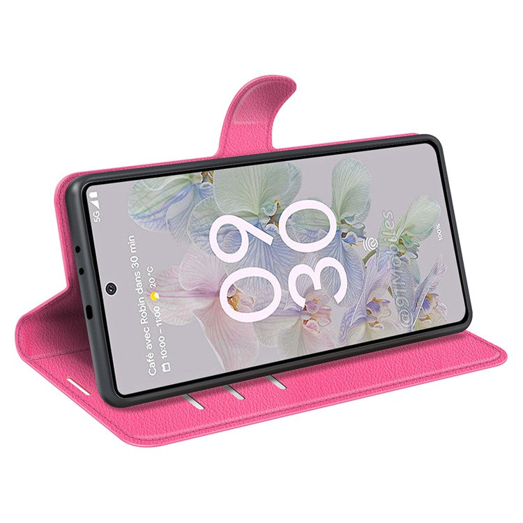 Fully Wrapped PU Leather Coated TPU Mobile Phone Case Litchi Texture Stand Wallet Flip Protective Phone Cover for Google Pixel 6a - Rose