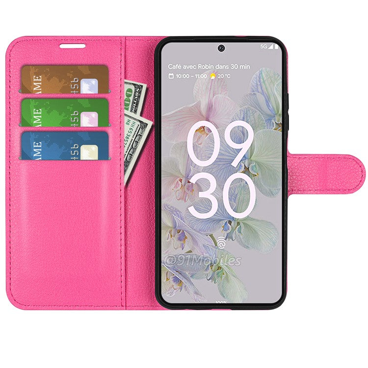 Fully Wrapped PU Leather Coated TPU Mobile Phone Case Litchi Texture Stand Wallet Flip Protective Phone Cover for Google Pixel 6a - Rose