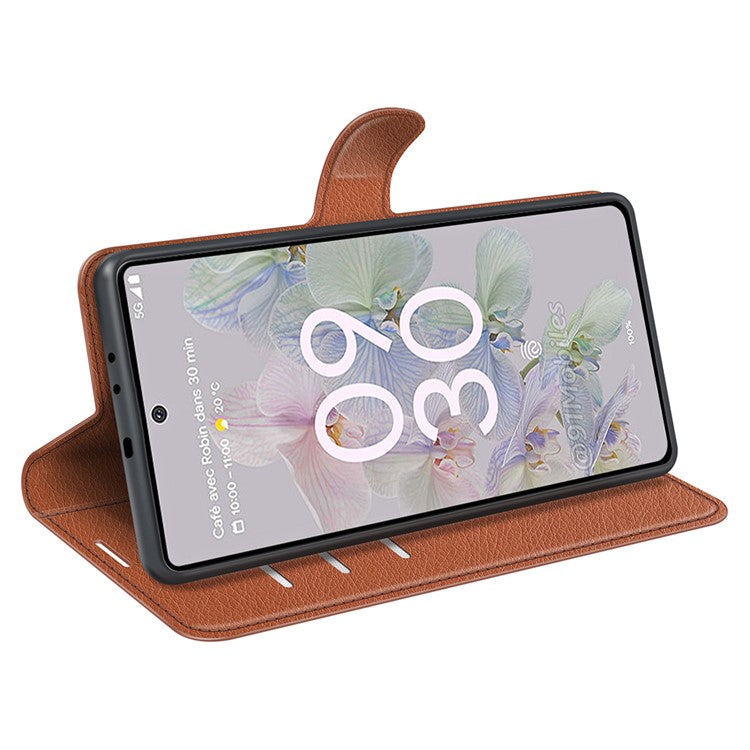 Fully Wrapped PU Leather Coated TPU Mobile Phone Case Litchi Texture Stand Wallet Flip Protective Phone Cover for Google Pixel 6a - Brown