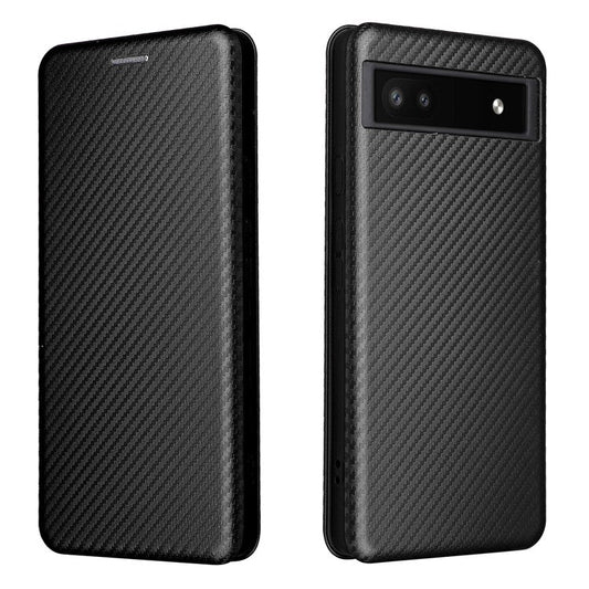 Carbon Fiber Texture Magnetic Auto-absorbed Leather Phone Case Protective Cover with Stand and Card Slot for Google Pixel 6a - Black