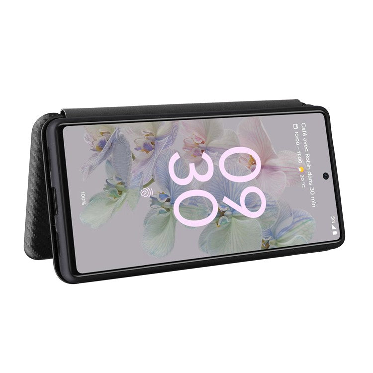 Carbon Fiber Texture Magnetic Auto-absorbed Leather Phone Case Protective Cover with Stand and Card Slot for Google Pixel 6a - Black