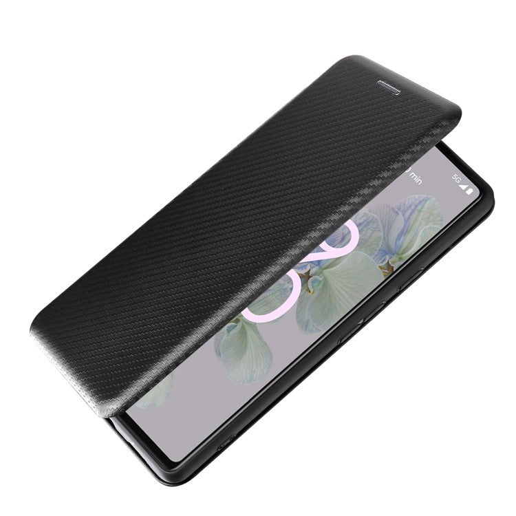 Carbon Fiber Texture Magnetic Auto-absorbed Leather Phone Case Protective Cover with Stand and Card Slot for Google Pixel 6a - Black