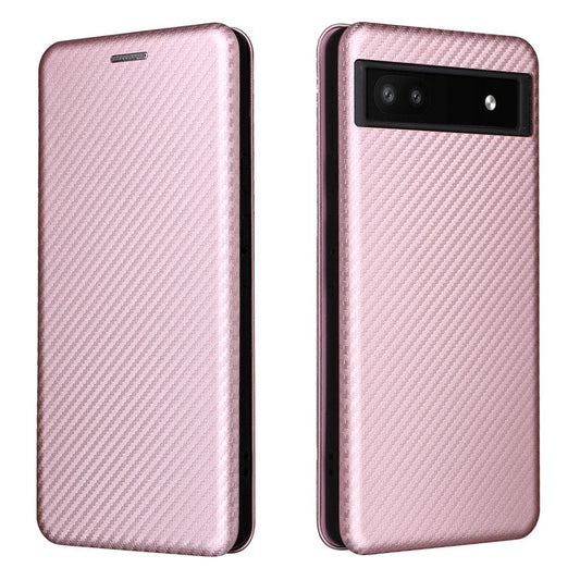 Carbon Fiber Texture Magnetic Auto-absorbed Leather Phone Case Protective Cover with Stand and Card Slot for Google Pixel 6a - Rose Gold