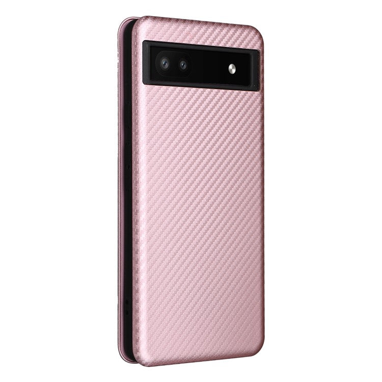 Carbon Fiber Texture Magnetic Auto-absorbed Leather Phone Case Protective Cover with Stand and Card Slot for Google Pixel 6a - Rose Gold