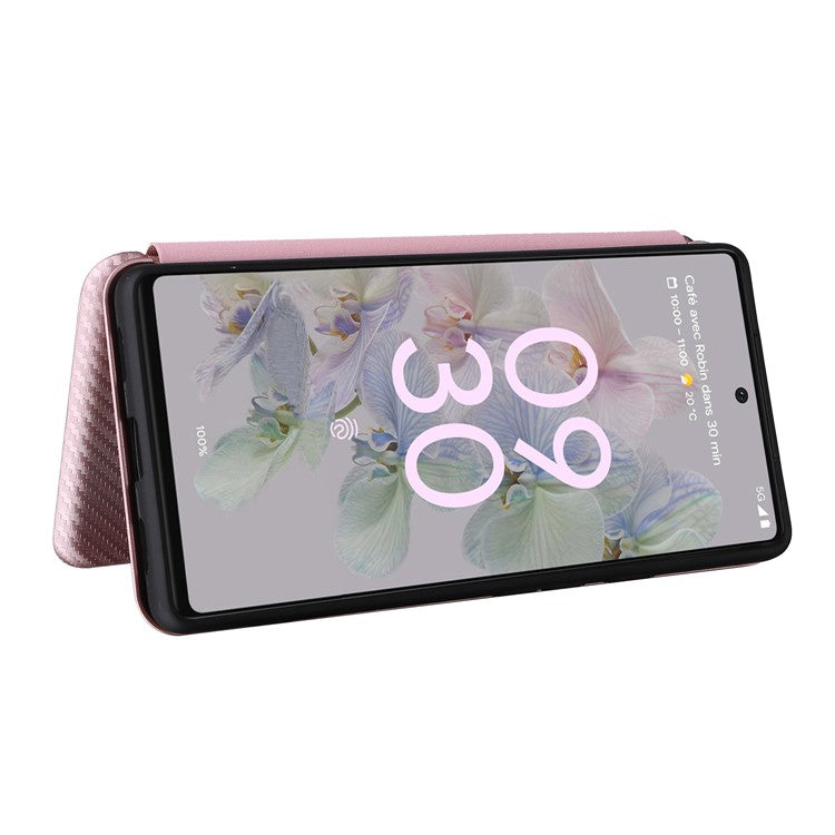 Carbon Fiber Texture Magnetic Auto-absorbed Leather Phone Case Protective Cover with Stand and Card Slot for Google Pixel 6a - Rose Gold