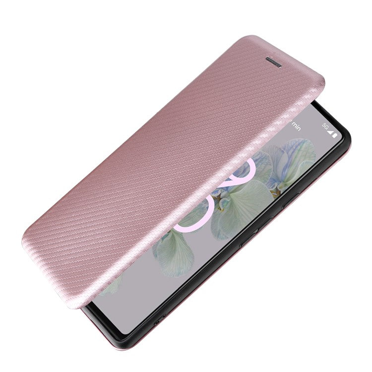 Carbon Fiber Texture Magnetic Auto-absorbed Leather Phone Case Protective Cover with Stand and Card Slot for Google Pixel 6a - Rose Gold