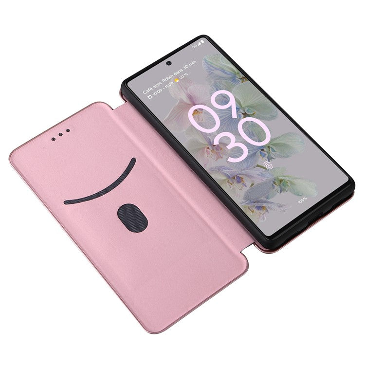 Carbon Fiber Texture Magnetic Auto-absorbed Leather Phone Case Protective Cover with Stand and Card Slot for Google Pixel 6a - Rose Gold