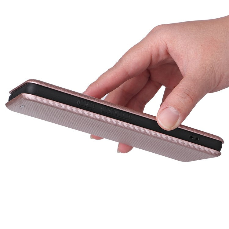 Carbon Fiber Texture Magnetic Auto-absorbed Leather Phone Case Protective Cover with Stand and Card Slot for Google Pixel 6a - Rose Gold