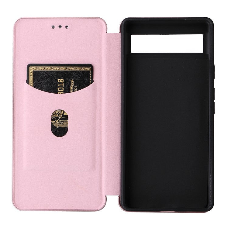 Carbon Fiber Texture Magnetic Auto-absorbed Leather Phone Case Protective Cover with Stand and Card Slot for Google Pixel 6a - Rose Gold