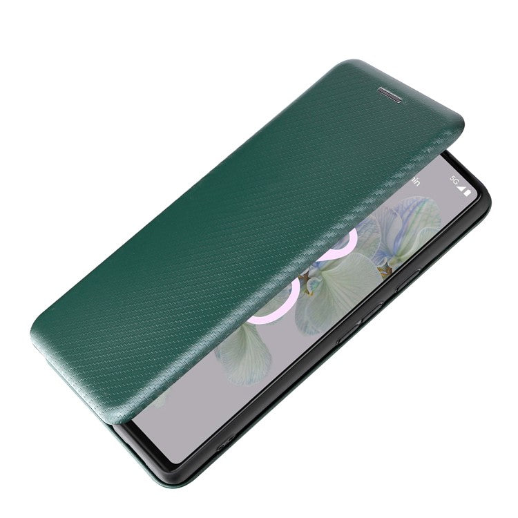 Carbon Fiber Texture Magnetic Auto-absorbed Leather Phone Case Protective Cover with Stand and Card Slot for Google Pixel 6a - Green