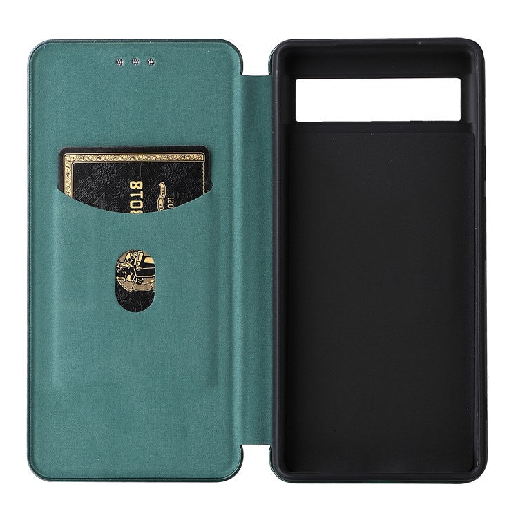Carbon Fiber Texture Magnetic Auto-absorbed Leather Phone Case Protective Cover with Stand and Card Slot for Google Pixel 6a - Green