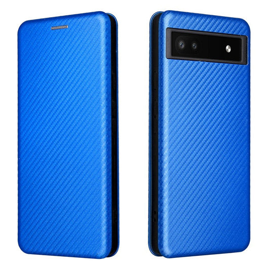 Carbon Fiber Texture Magnetic Auto-absorbed Leather Phone Case Protective Cover with Stand and Card Slot for Google Pixel 6a - Blue