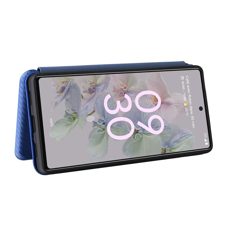 Carbon Fiber Texture Magnetic Auto-absorbed Leather Phone Case Protective Cover with Stand and Card Slot for Google Pixel 6a - Blue