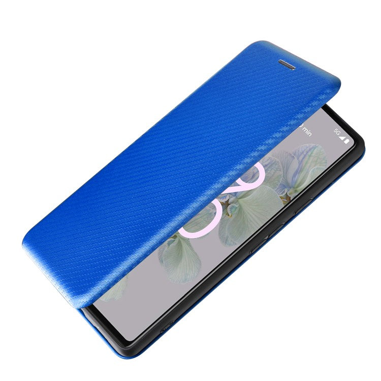 Carbon Fiber Texture Magnetic Auto-absorbed Leather Phone Case Protective Cover with Stand and Card Slot for Google Pixel 6a - Blue