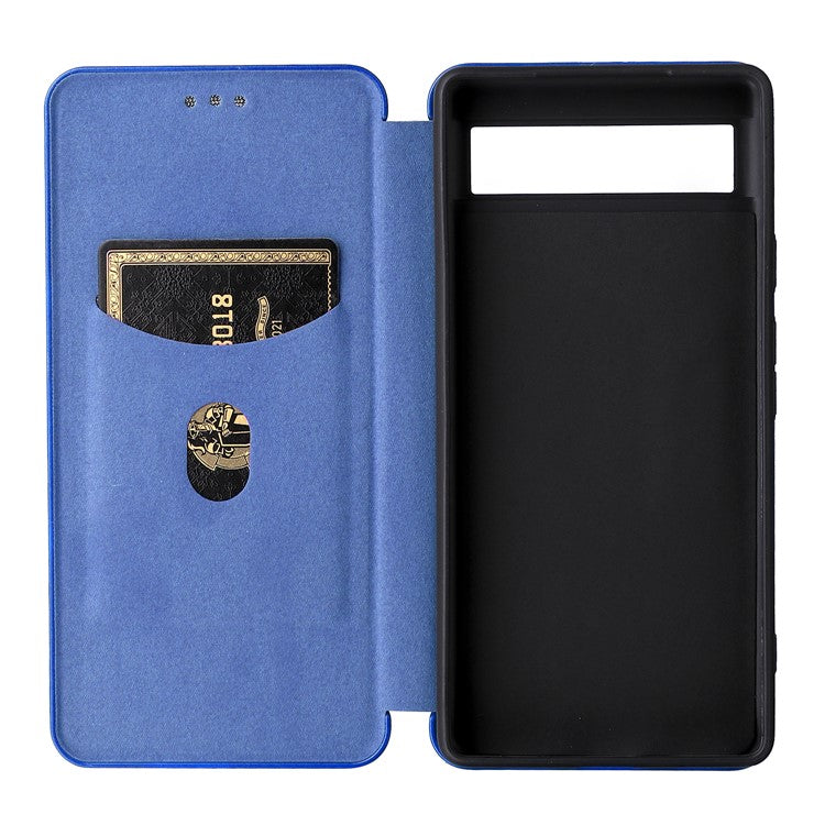 Carbon Fiber Texture Magnetic Auto-absorbed Leather Phone Case Protective Cover with Stand and Card Slot for Google Pixel 6a - Blue