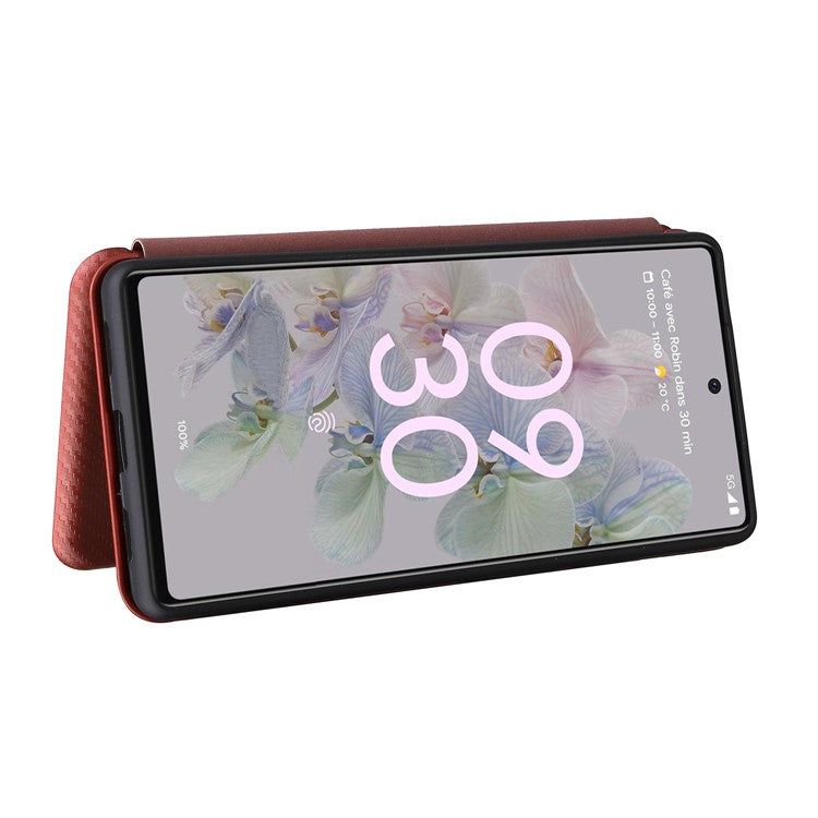 Carbon Fiber Texture Magnetic Auto-absorbed Leather Phone Case Protective Cover with Stand and Card Slot for Google Pixel 6a - Orange