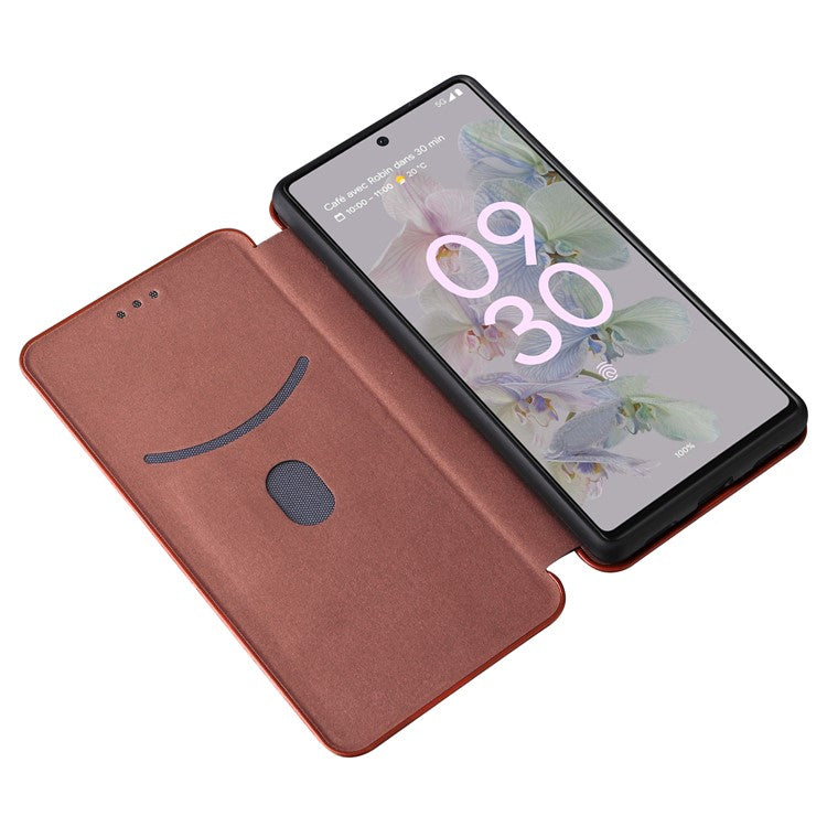 Carbon Fiber Texture Magnetic Auto-absorbed Leather Phone Case Protective Cover with Stand and Card Slot for Google Pixel 6a - Orange