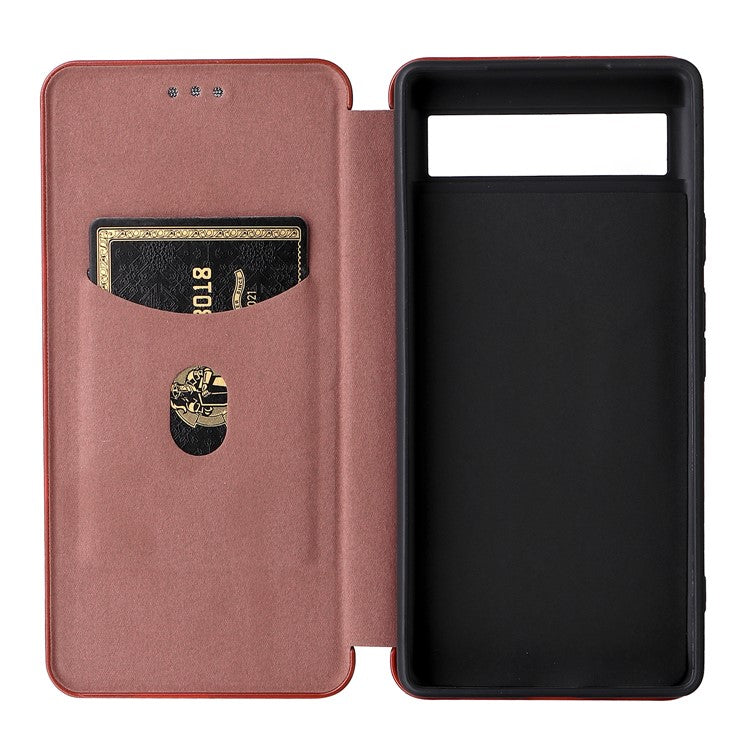 Carbon Fiber Texture Magnetic Auto-absorbed Leather Phone Case Protective Cover with Stand and Card Slot for Google Pixel 6a - Orange