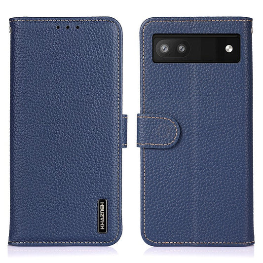 KHAZNEH Litchi Texture Genuine Leather Cover Folio Flip Phone Case with Stand Wallet for Google Pixel 6a - Blue