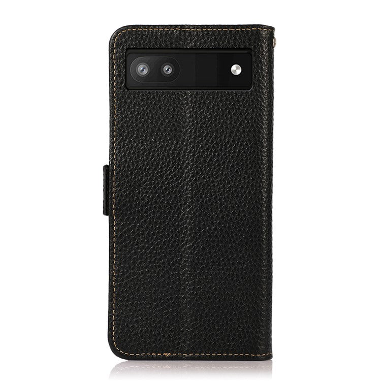 KHAZNEH Genuine Leather Litchi Texture Protective Cover RFID Blocking Phone Case for Google Pixel 6a - Black