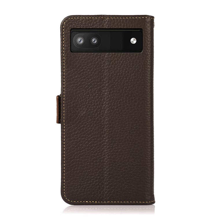 KHAZNEH Genuine Leather Litchi Texture Protective Cover RFID Blocking Phone Case for Google Pixel 6a - Brown