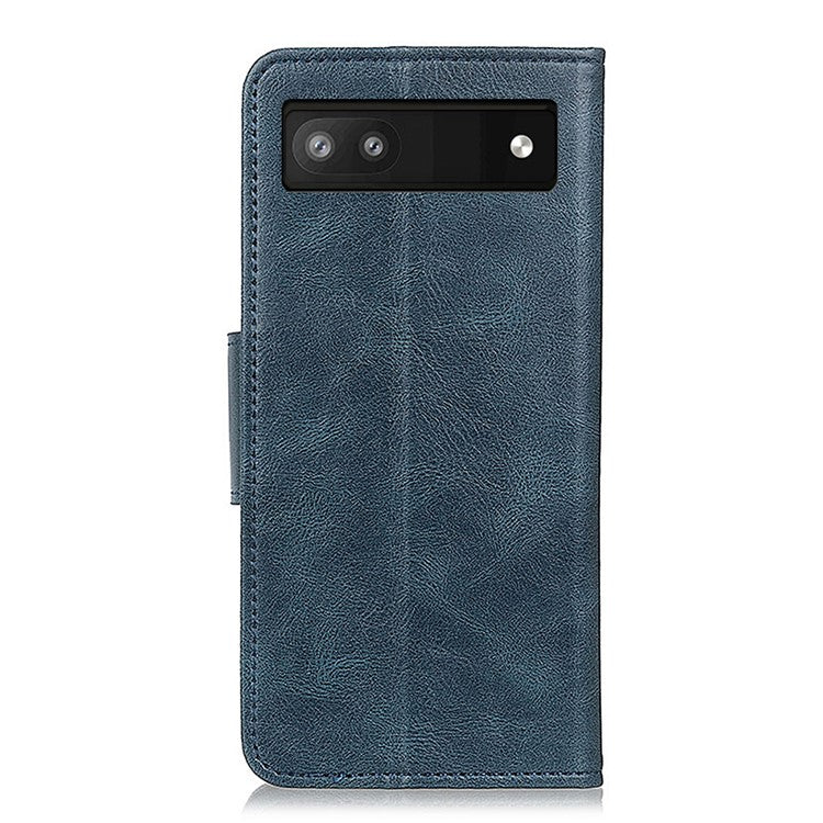 PU Leather Wallet Stand Case Crazy Horse Texture Shockproof Phone Cover Shell for Google Pixel 6a - Blue
