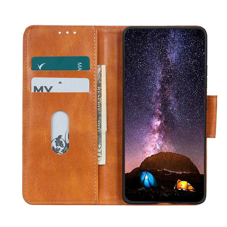 PU Leather Wallet Stand Case Crazy Horse Texture Shockproof Phone Cover Shell for Google Pixel 6a - Brown