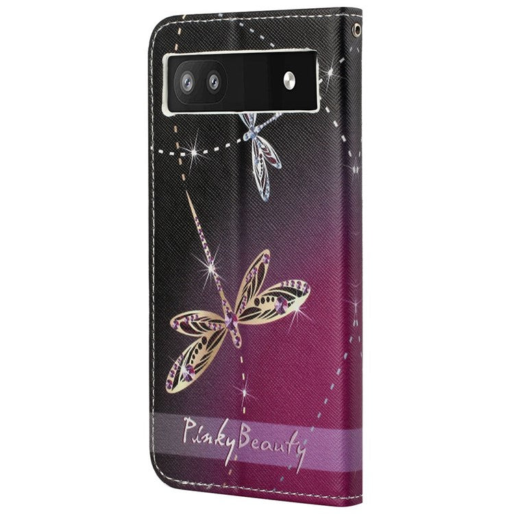 Magnetic Closed PU Leather Phone Protector Cross Texture Folding Phone Case with Stand Wallet for Google Pixel 6a - Two Dragonflies