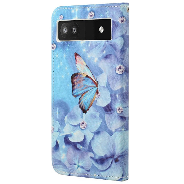 Magnetic Closed PU Leather Phone Protector Cross Texture Folding Phone Case with Stand Wallet for Google Pixel 6a - Butterfly & Flowers