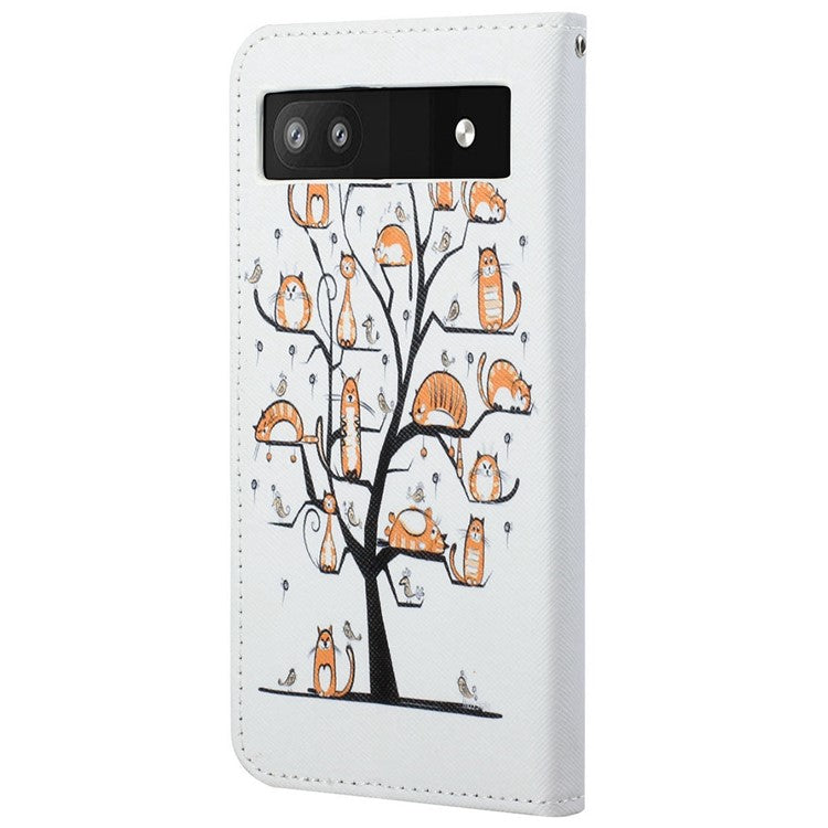 Magnetic Closed PU Leather Phone Protector Cross Texture Folding Phone Case with Stand Wallet for Google Pixel 6a - Cats on the Tree