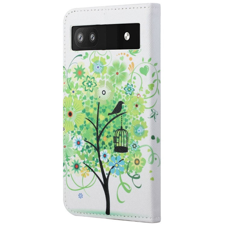 Magnetic Closed Folding Phone Case Cross Texture PU Leather Protective Cover with Wallet for Google Pixel 6a - Green Tree