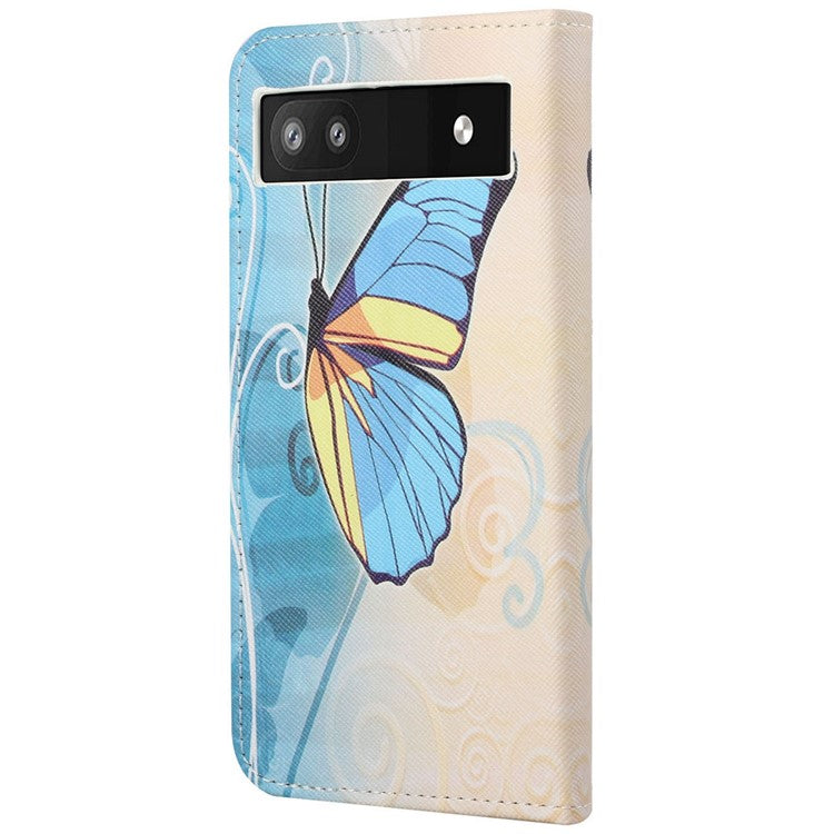 Magnetic Closed Folding Phone Case Cross Texture PU Leather Protective Cover with Wallet for Google Pixel 6a - Blue Butterfly
