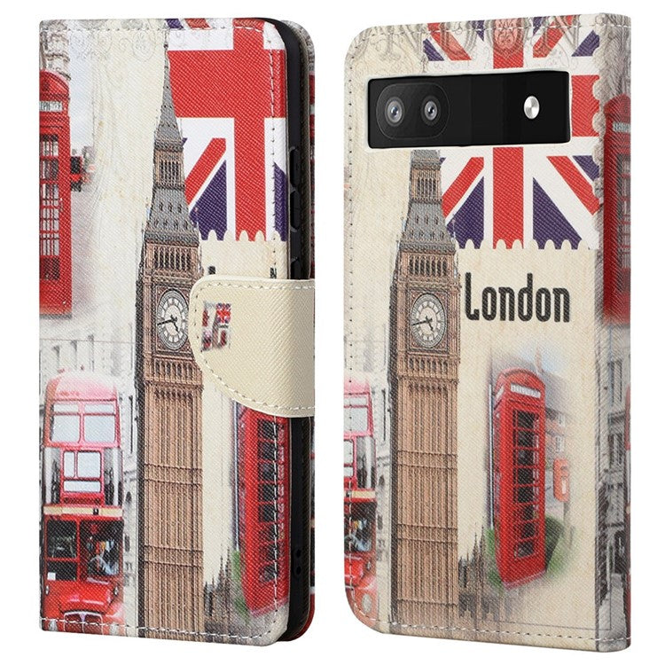 Magnetic Closed Folding Phone Case Cross Texture PU Leather Protective Cover with Wallet for Google Pixel 6a - London Big Ben