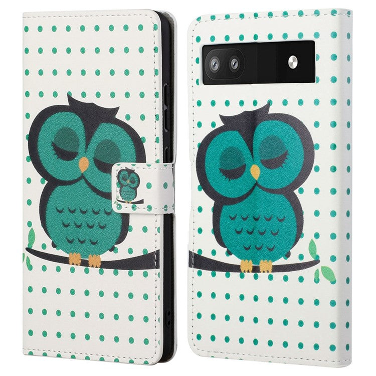 Pattern Printing TPU + PU Leather Stand Magnetic Closure Flip Case with Card Slots and Cash Pocket for Google Pixel 6a - Green Owl
