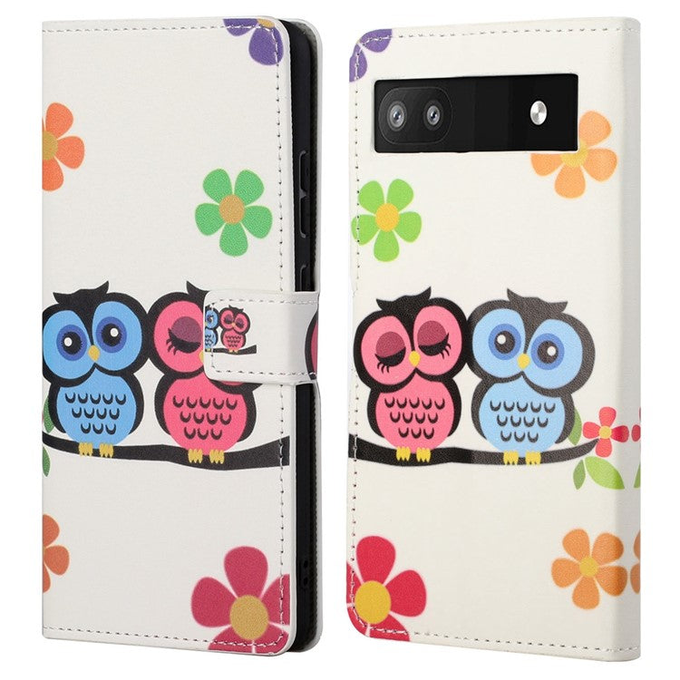 Pattern Printing TPU + PU Leather Stand Magnetic Closure Flip Case with Card Slots and Cash Pocket for Google Pixel 6a - Owls on the Branch