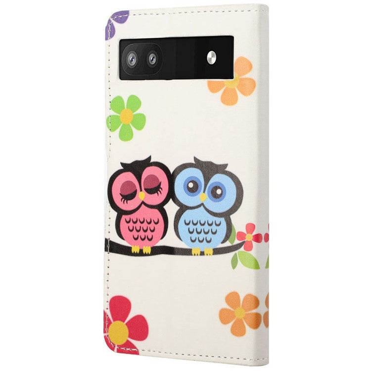 Pattern Printing TPU + PU Leather Stand Magnetic Closure Flip Case with Card Slots and Cash Pocket for Google Pixel 6a - Owls on the Branch