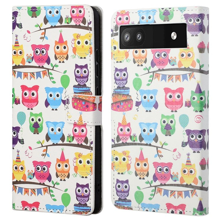 Pattern Printing TPU + PU Leather Stand Magnetic Closure Flip Case with Card Slots and Cash Pocket for Google Pixel 6a - Cute Owls