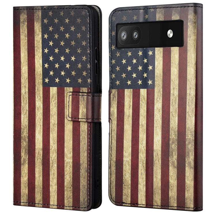 Pattern Printing TPU + PU Leather Stand Magnetic Closure Flip Case with Card Slots and Cash Pocket for Google Pixel 6a - The American Flag