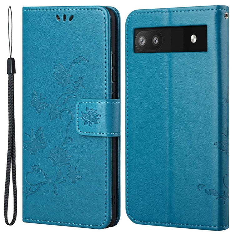 Anti-fall PU Leather Protective Phone Cover Imprinted Butterflies Flower Phone Case with Wallet Stand for Google Pixel 6a - Blue