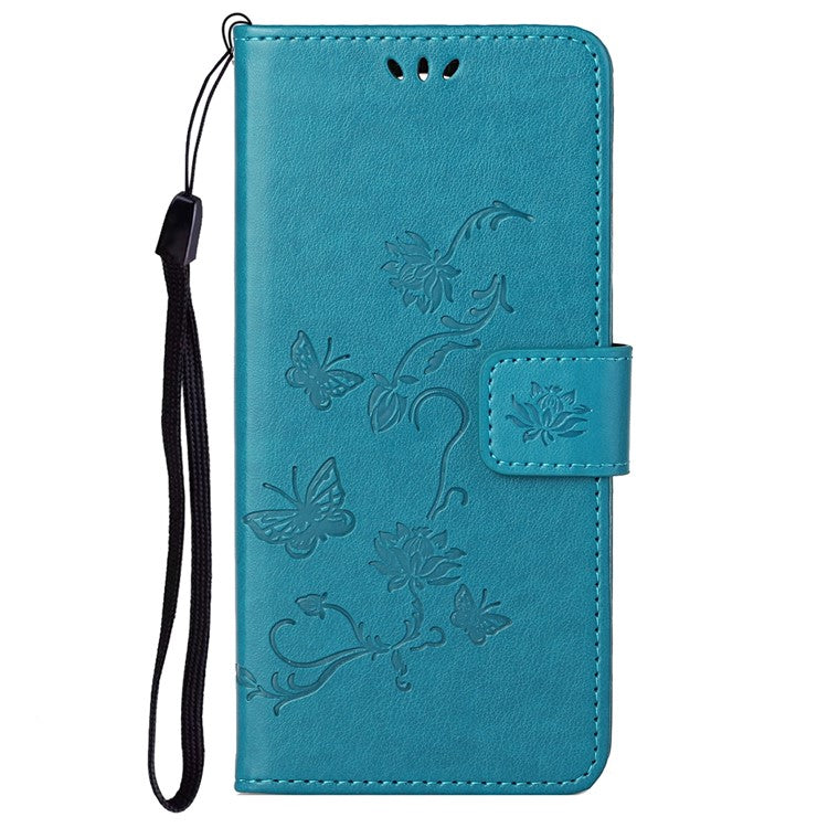 Anti-fall PU Leather Protective Phone Cover Imprinted Butterflies Flower Phone Case with Wallet Stand for Google Pixel 6a - Blue