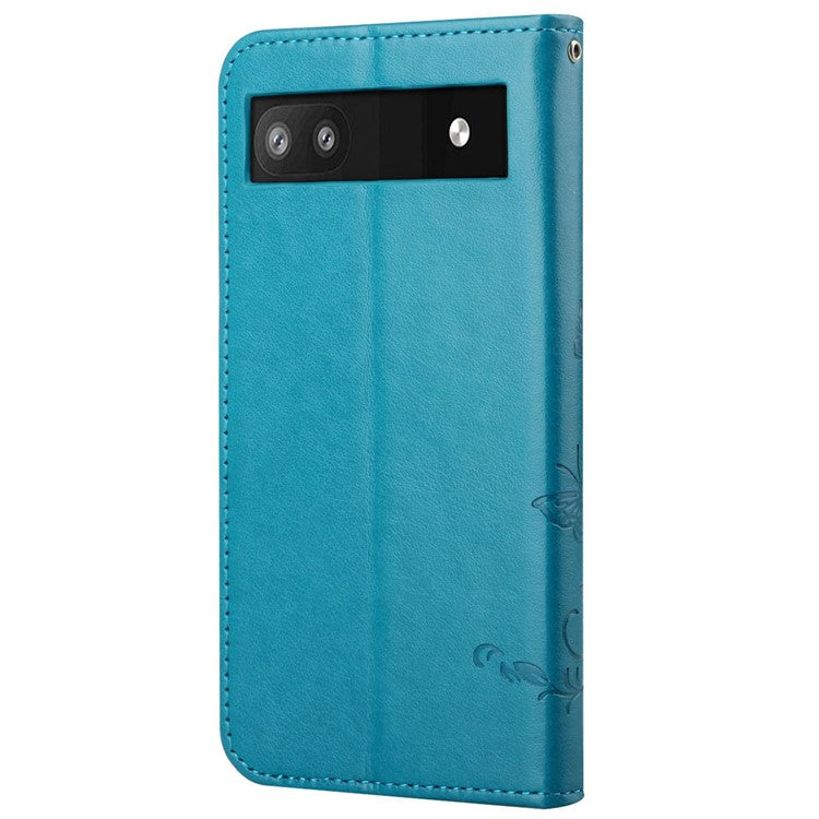 Anti-fall PU Leather Protective Phone Cover Imprinted Butterflies Flower Phone Case with Wallet Stand for Google Pixel 6a - Blue